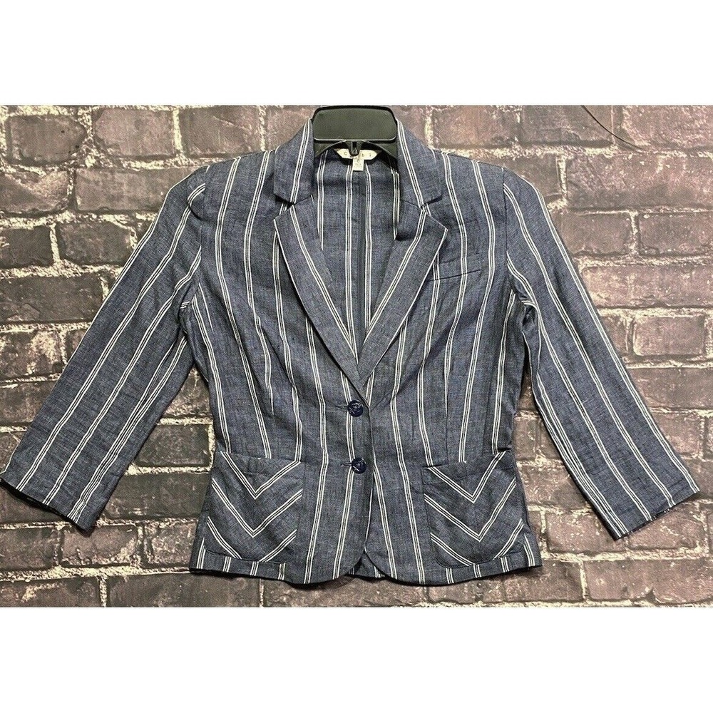 Cabi Linen Blazer Womens‎ 0 Blue Stripe Single Button Nautical Anchor Jacket